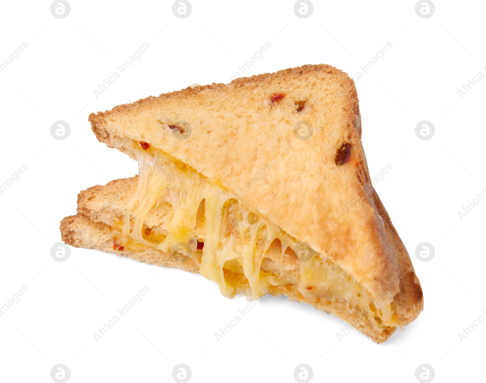 Photo of Pieces of toasted bread with melted cheese isolated on white