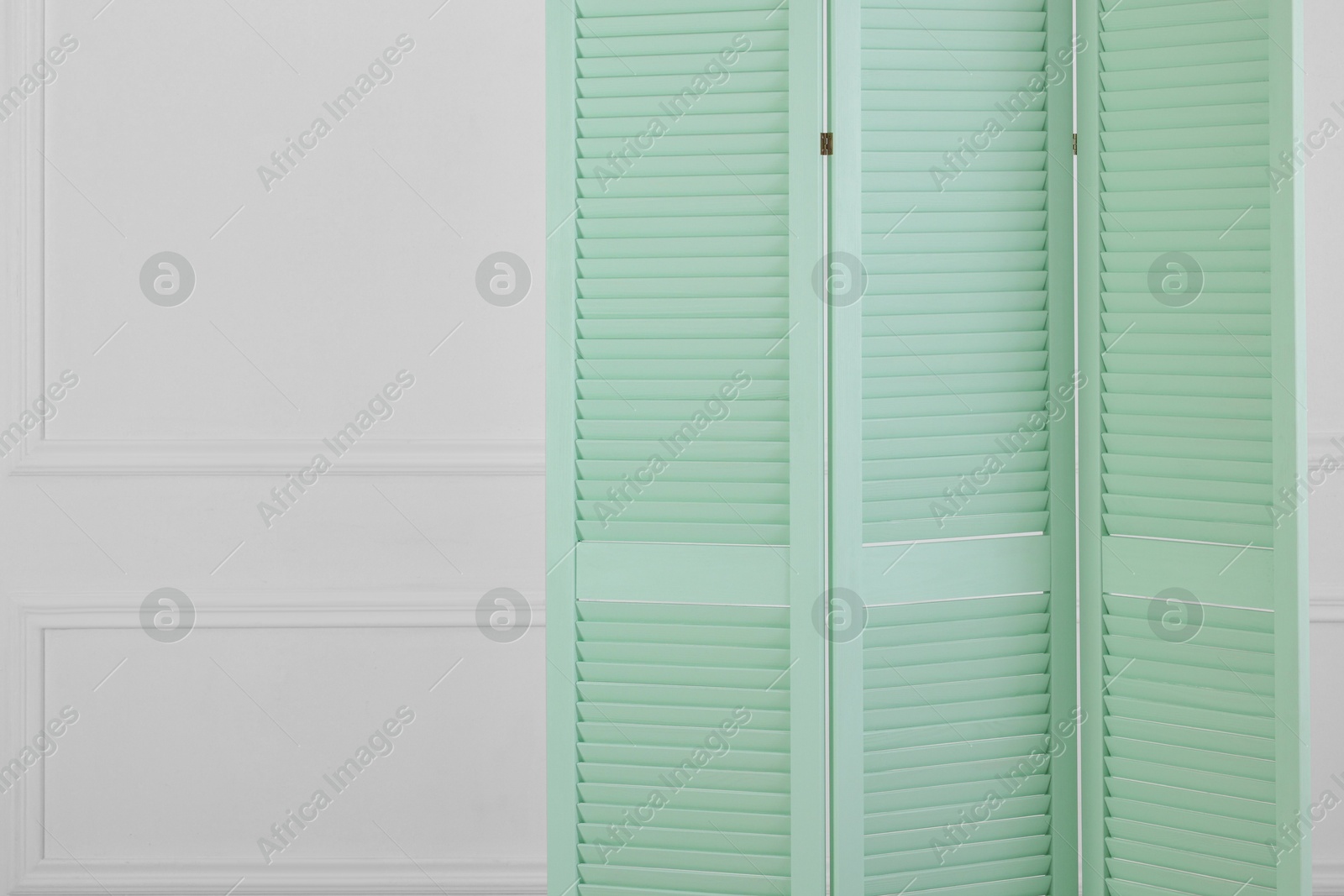 Photo of One folding screen near white wall indoors, space for text. Interior element