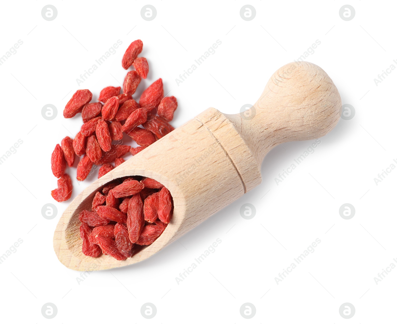 Photo of Dried goji berries in wooden scoop isolated on white, top view