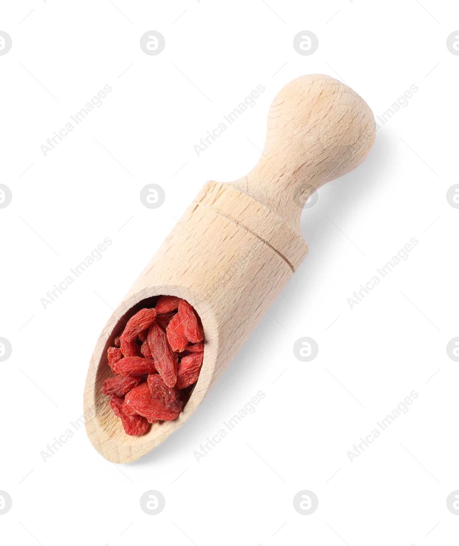 Photo of Dried goji berries in wooden scoop isolated on white, top view