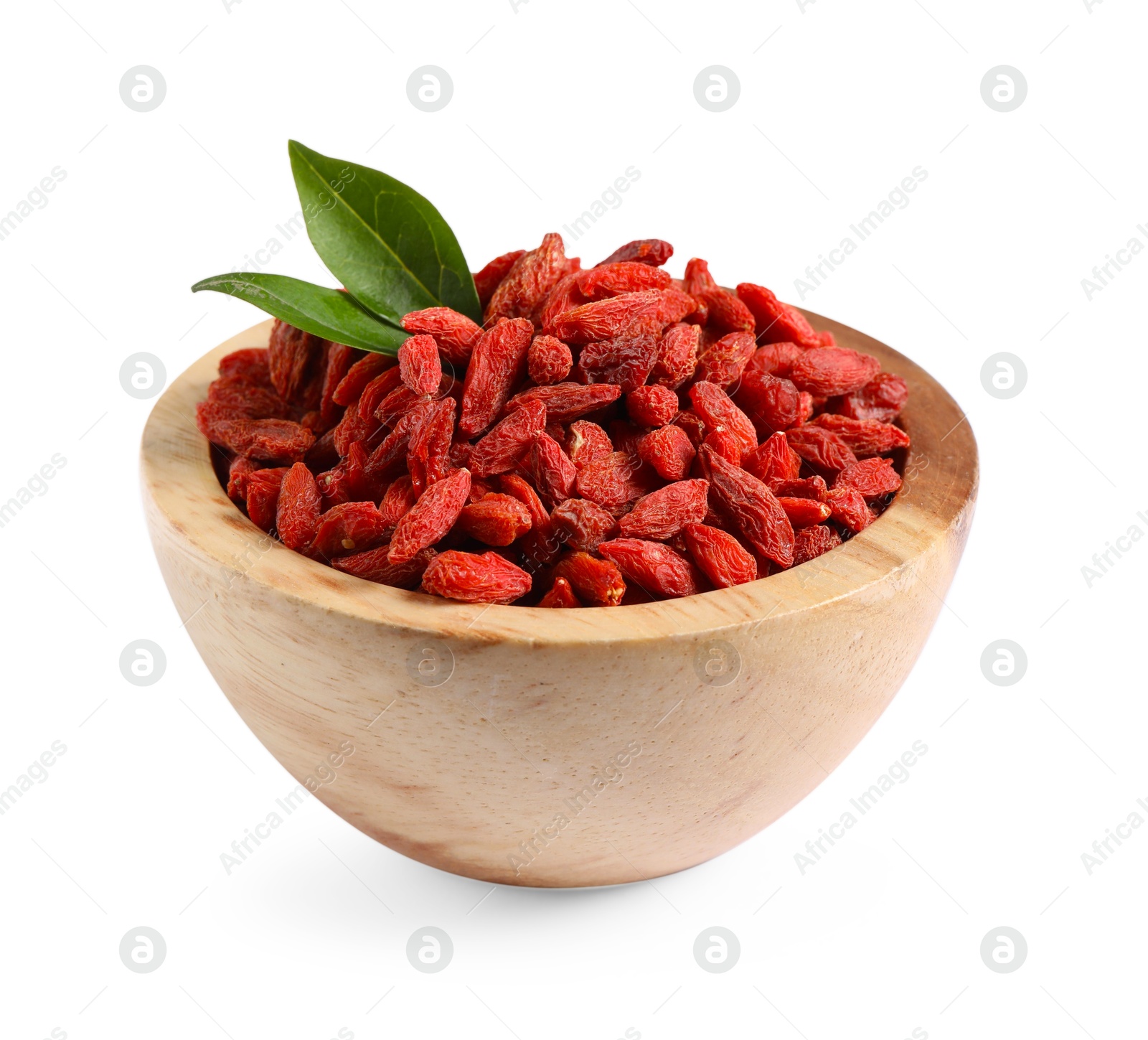 Photo of Dried goji berries and leaves in bowl isolated on white