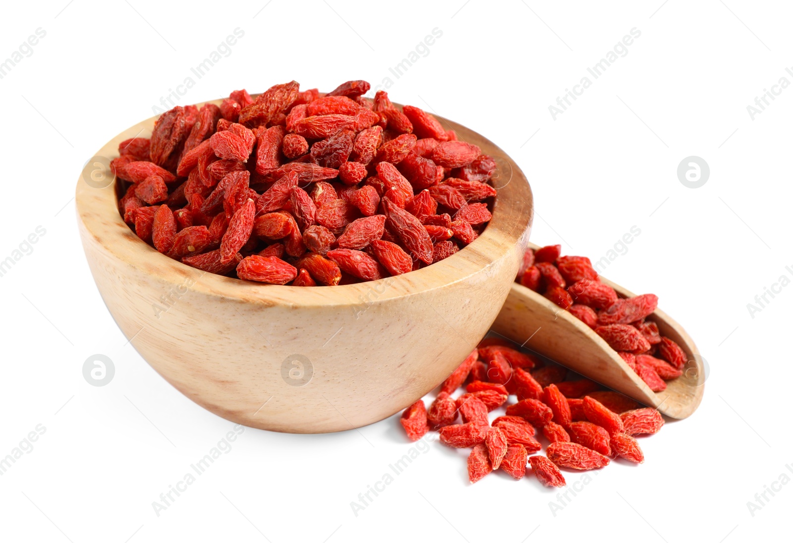 Photo of Dried goji berries in bowl and scoop isolated on white