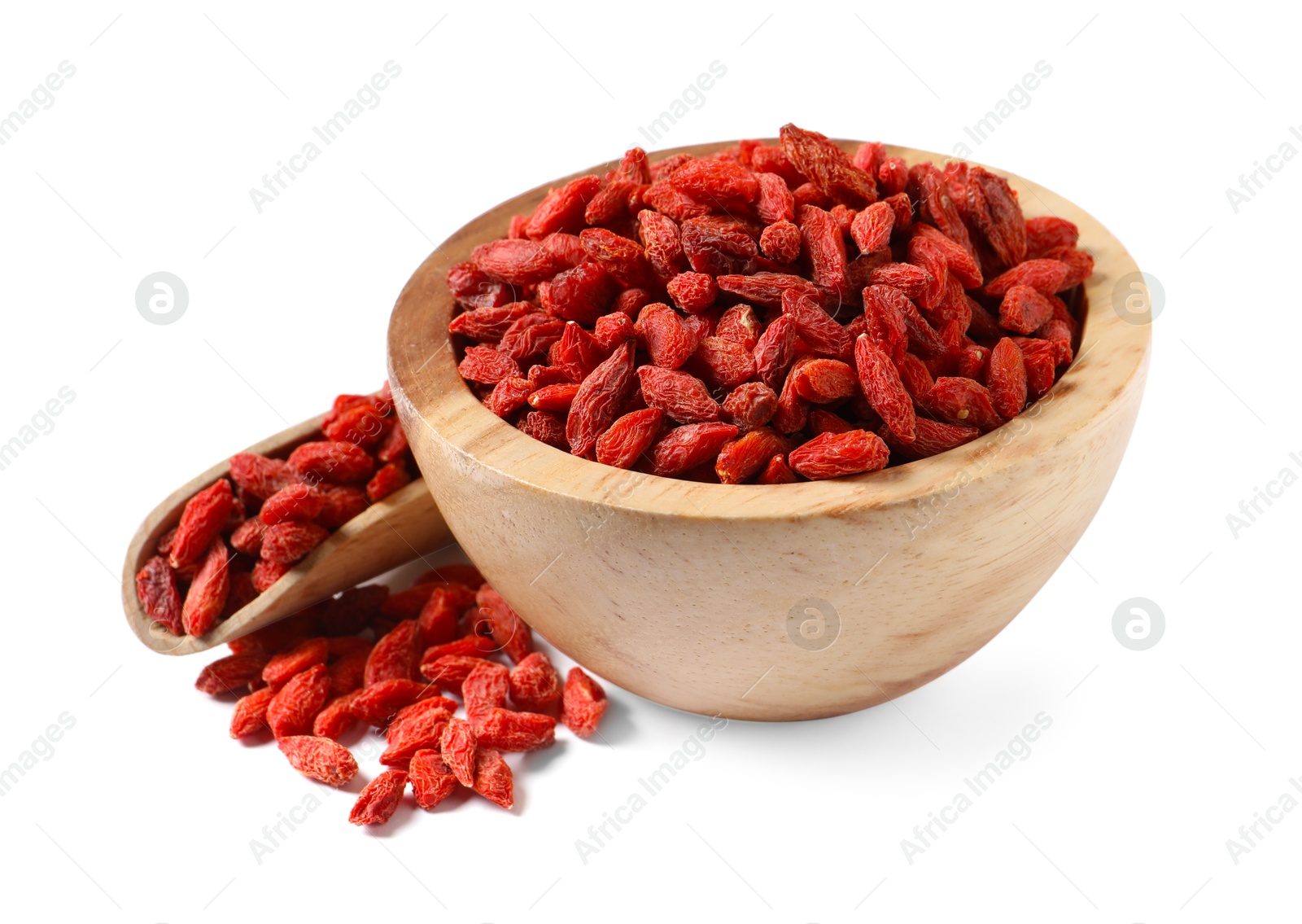 Photo of Dried goji berries in bowl and scoop isolated on white