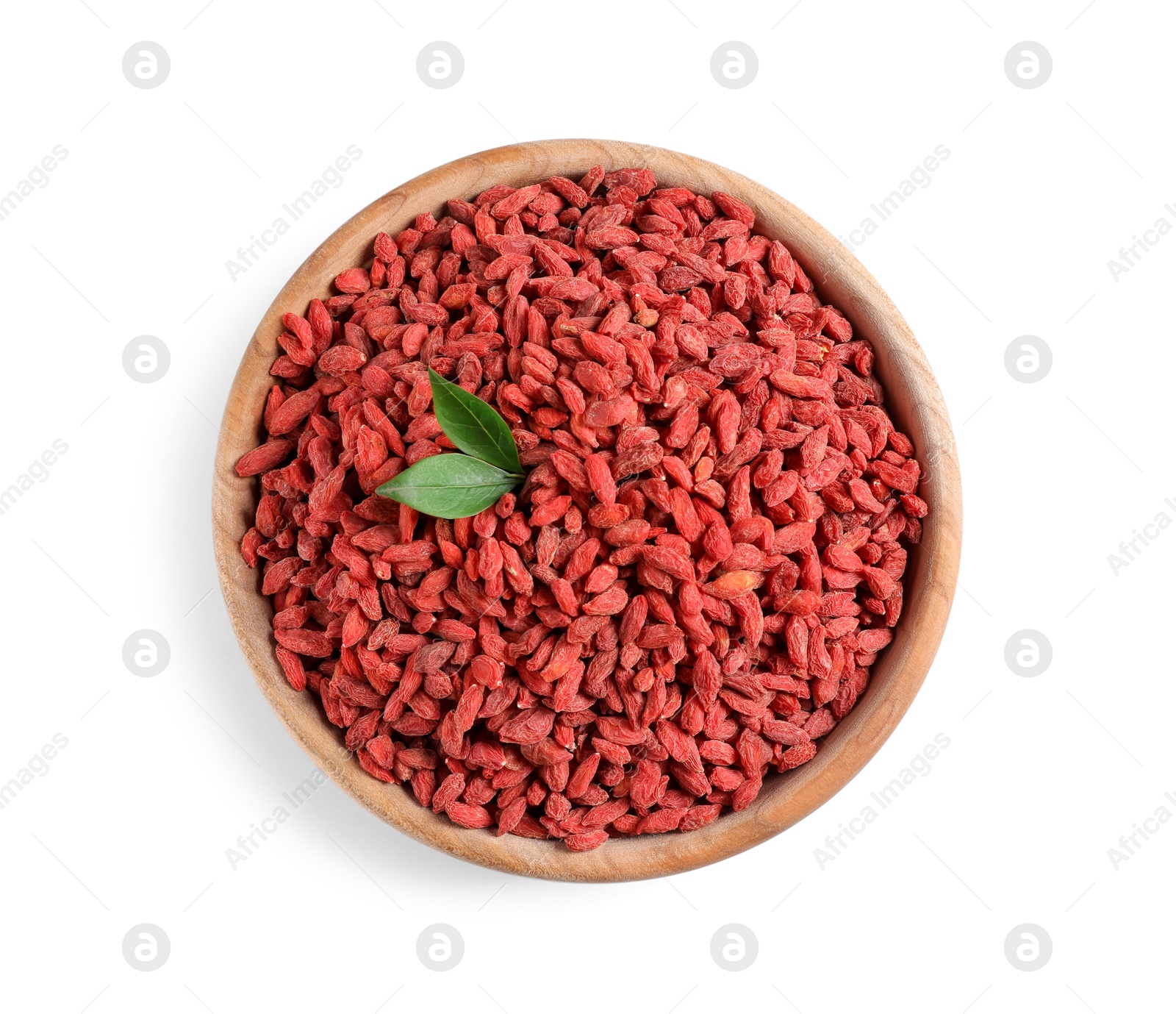 Photo of Dried goji berries in bowl isolated on white, top view