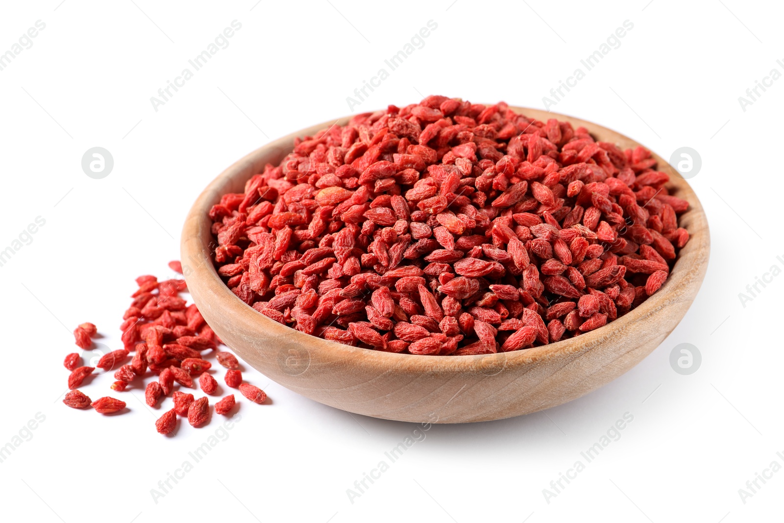 Photo of Dried goji berries in bowl isolated on white