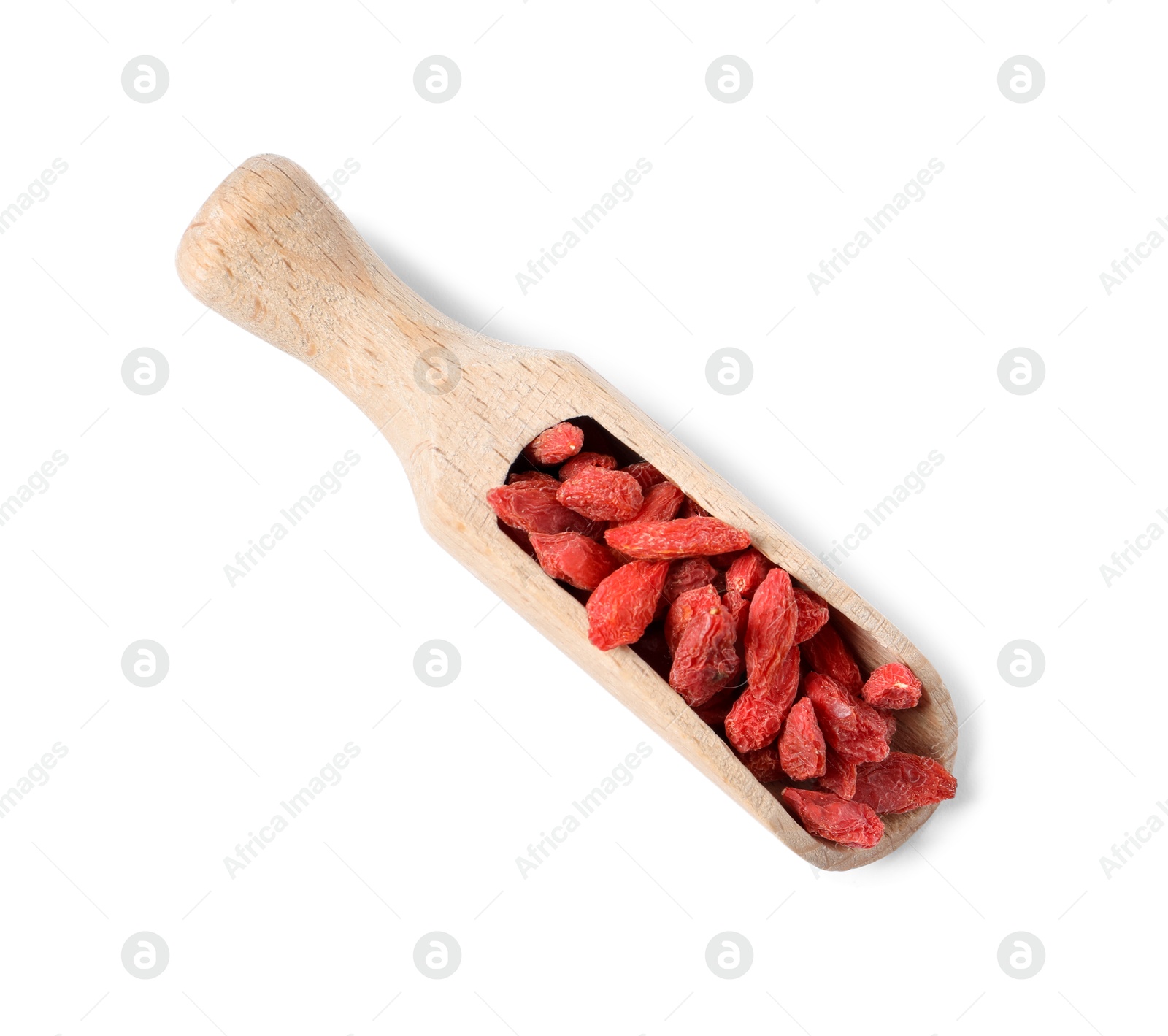 Photo of Scoop with dried goji berries isolated on white, top view