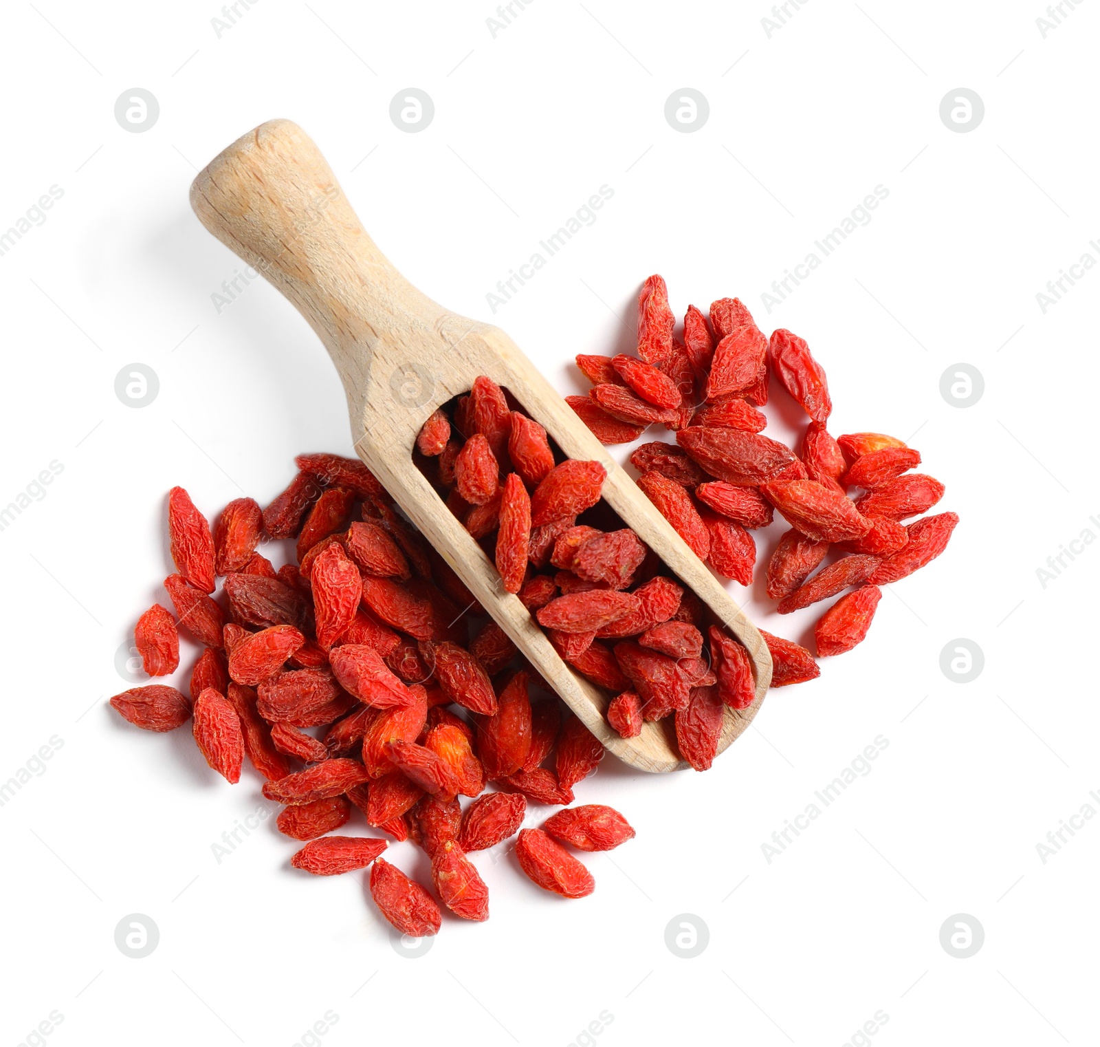 Photo of Scoop with dried goji berries isolated on white, top view