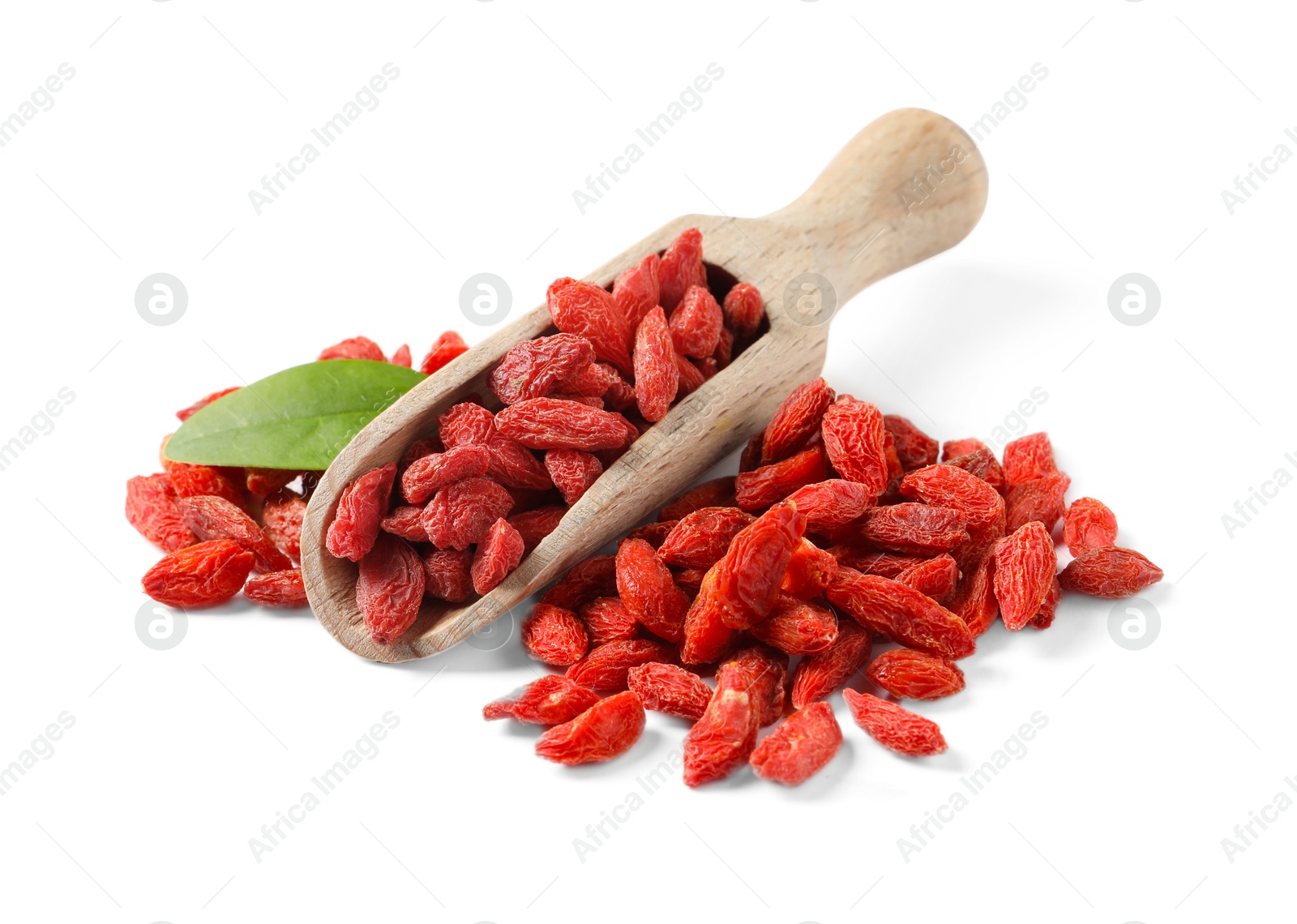 Photo of Scoop with dried goji berries isolated on white