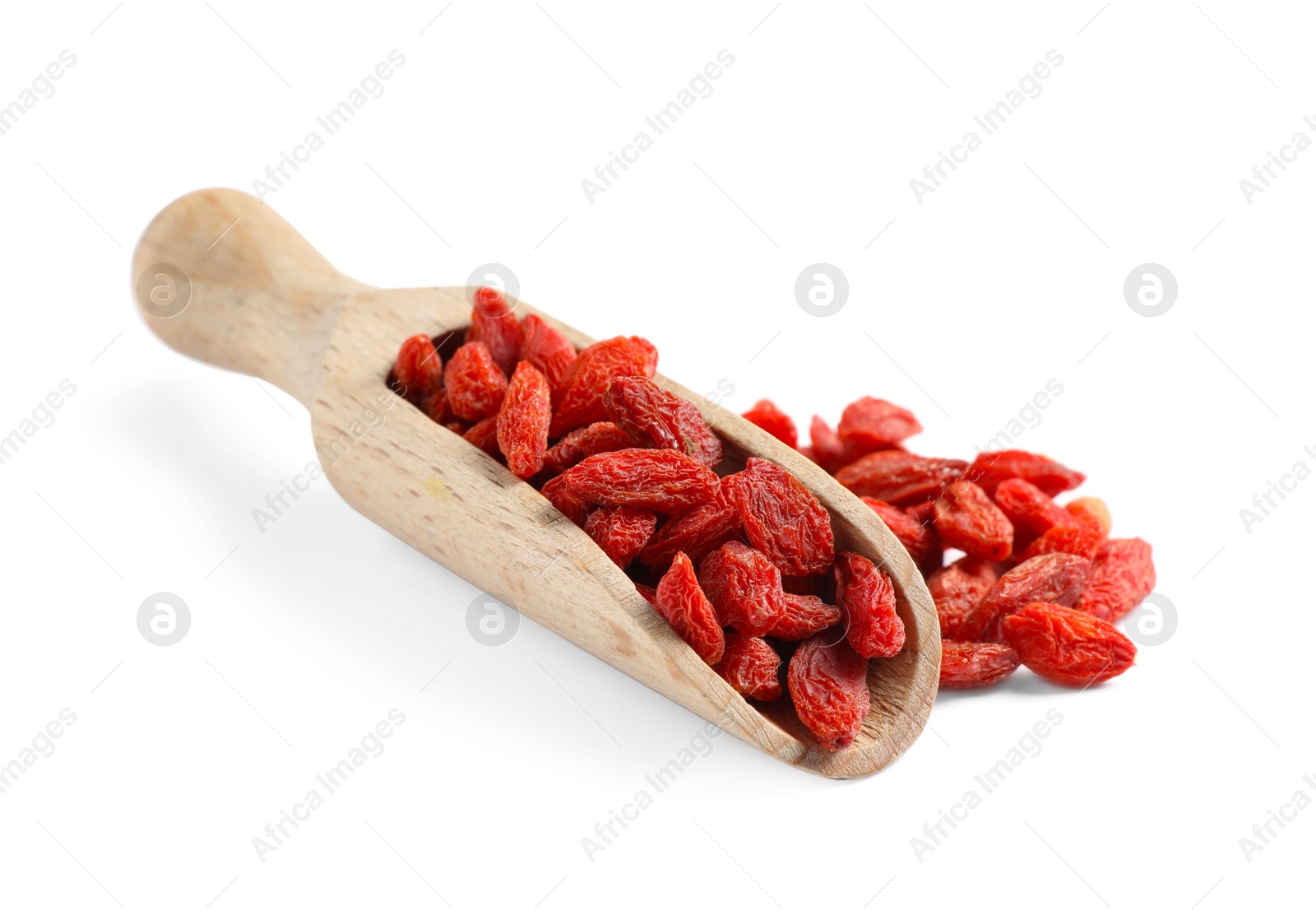 Photo of Scoop with dried goji berries isolated on white