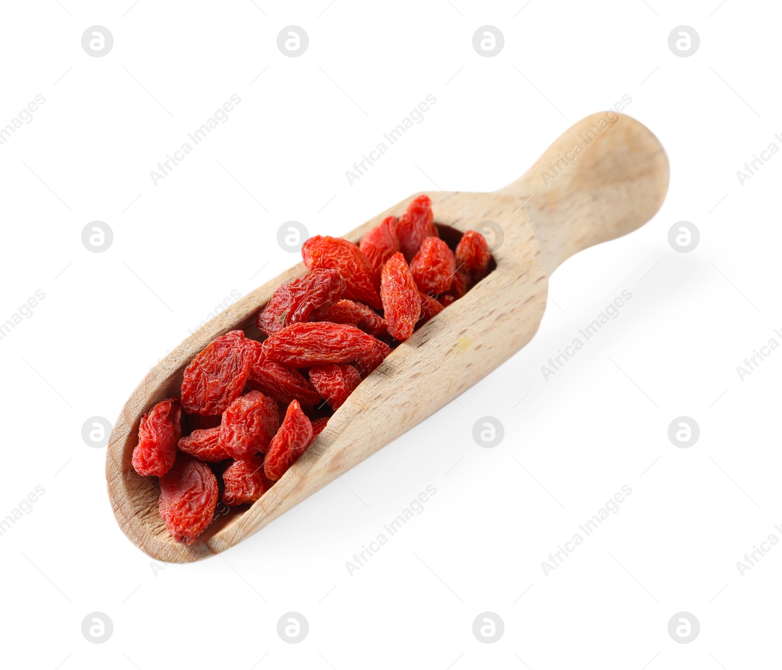 Photo of Scoop with dried goji berries isolated on white