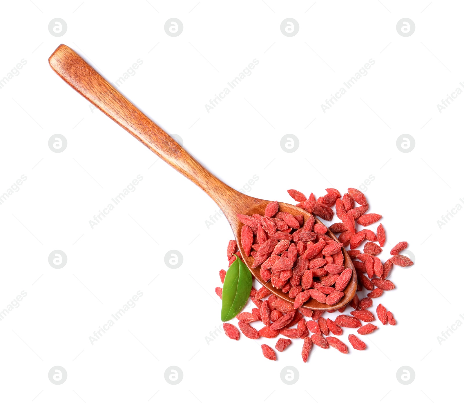 Photo of Dried goji berries, leaf and spoon isolated on white, top view