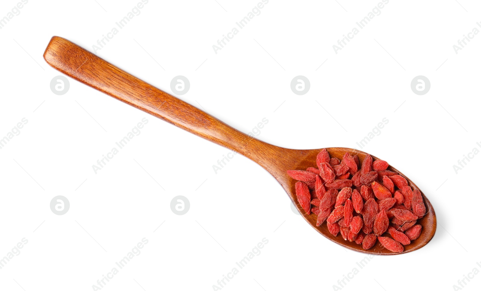 Photo of Dried goji berries and spoon isolated on white, top view