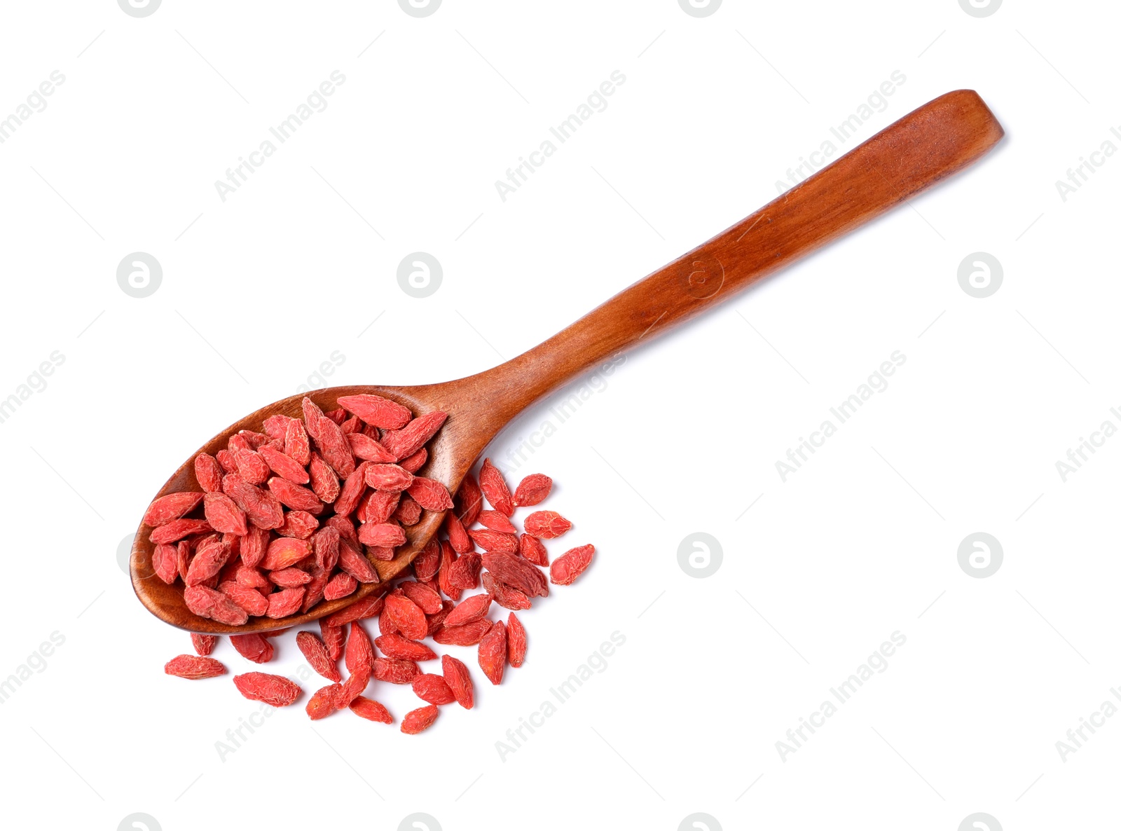 Photo of Dried goji berries and spoon isolated on white, top view