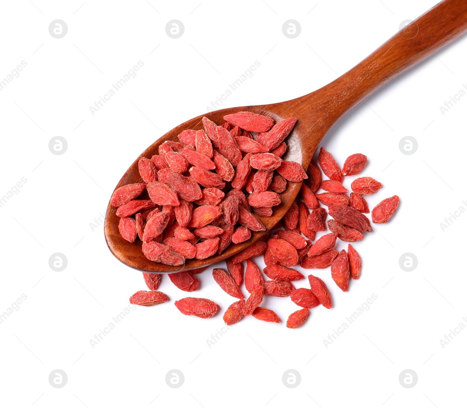 Photo of Dried goji berries and spoon isolated on white, top view