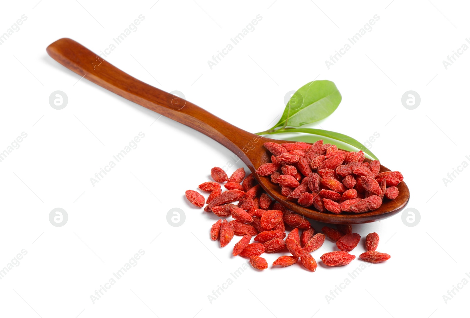 Photo of Dried goji berries, leaf and spoon isolated on white