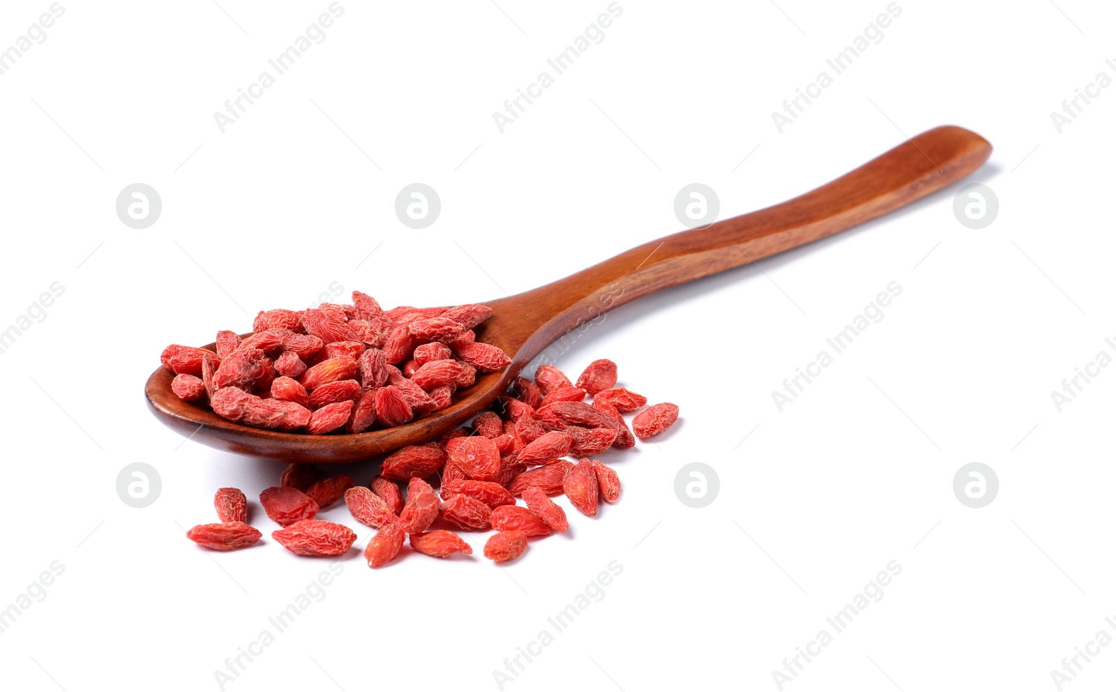 Photo of Dried goji berries and spoon isolated on white