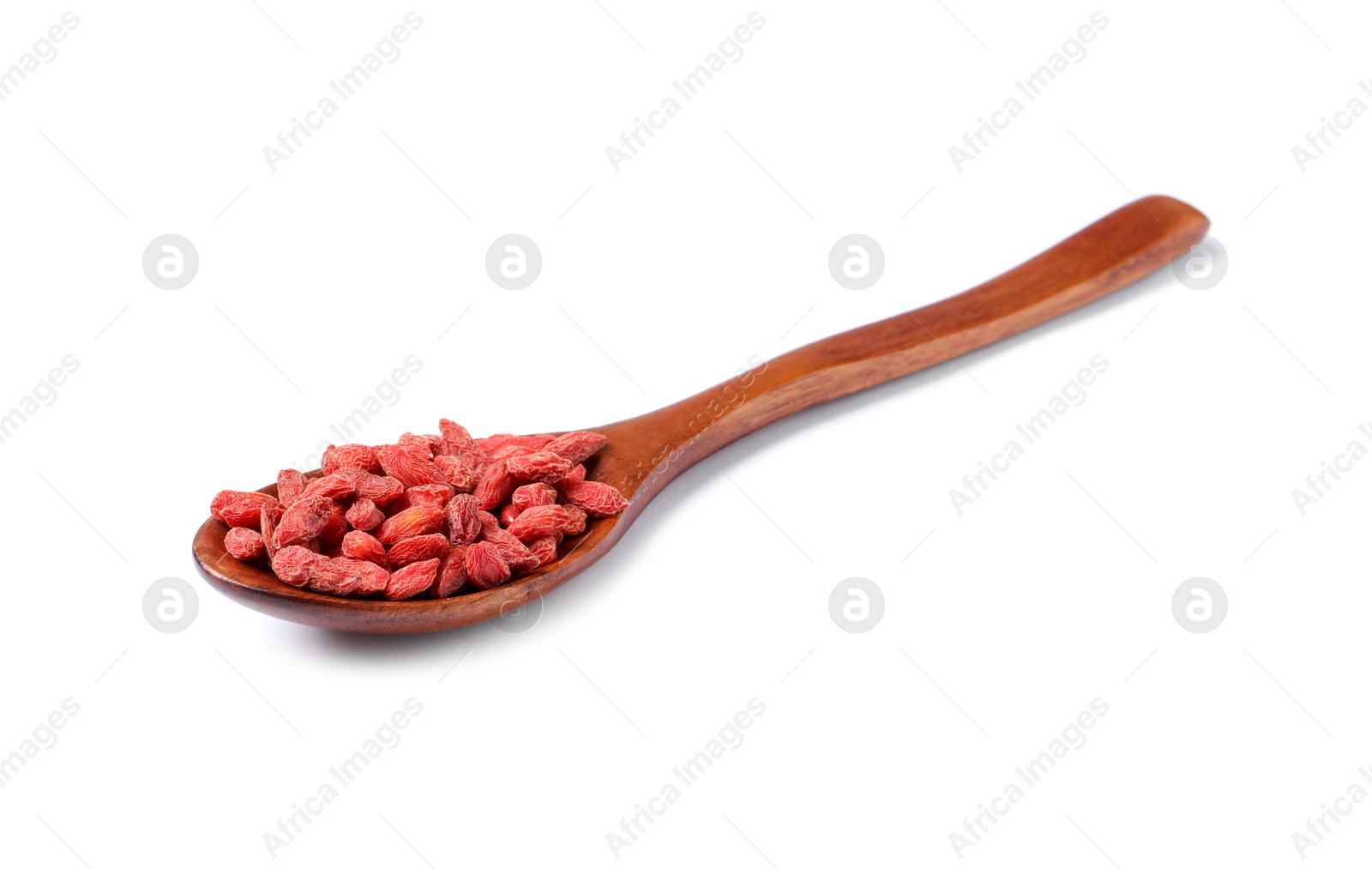 Photo of Dried goji berries and spoon isolated on white