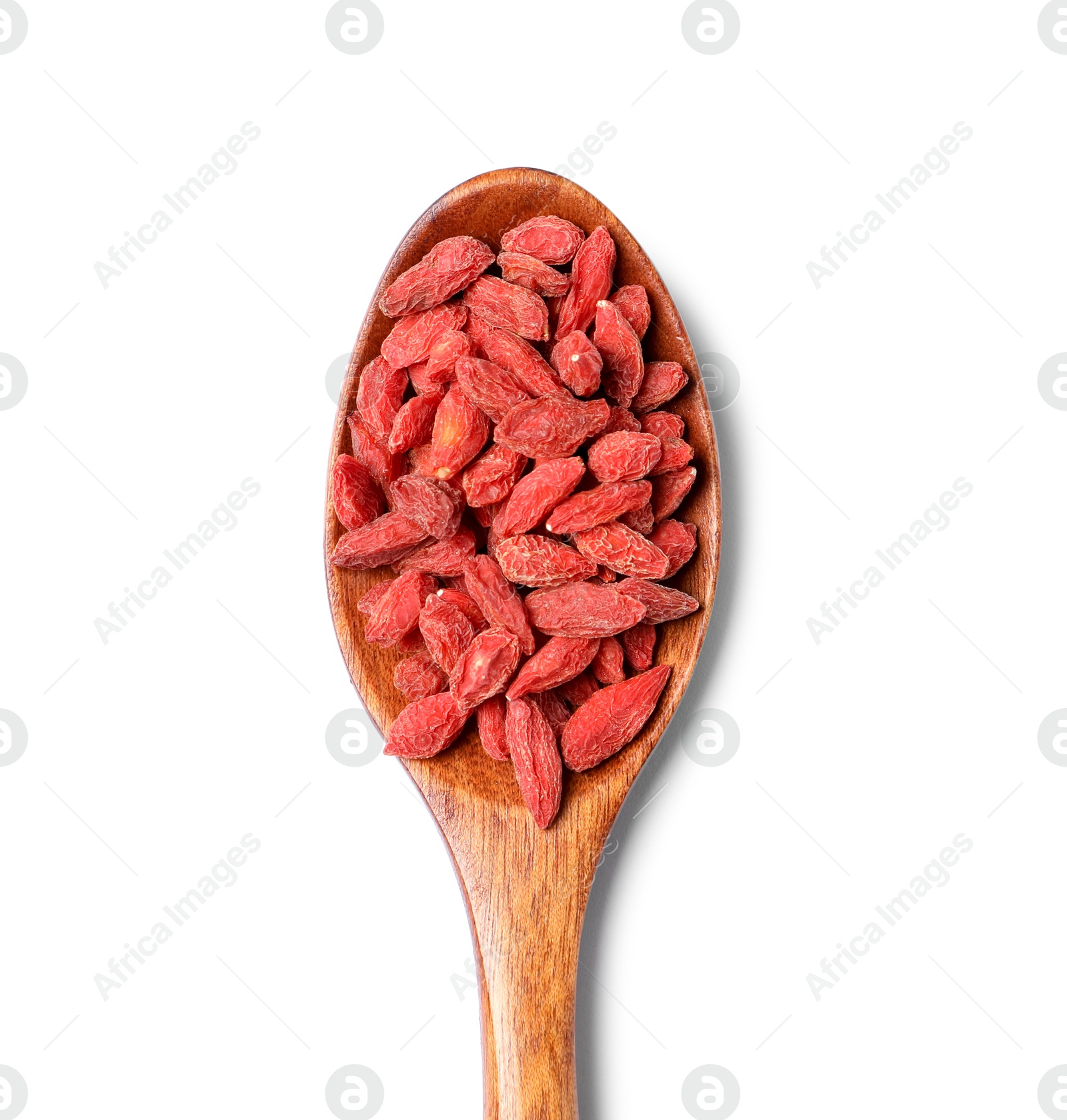 Photo of Dried goji berries and spoon isolated on white, top view