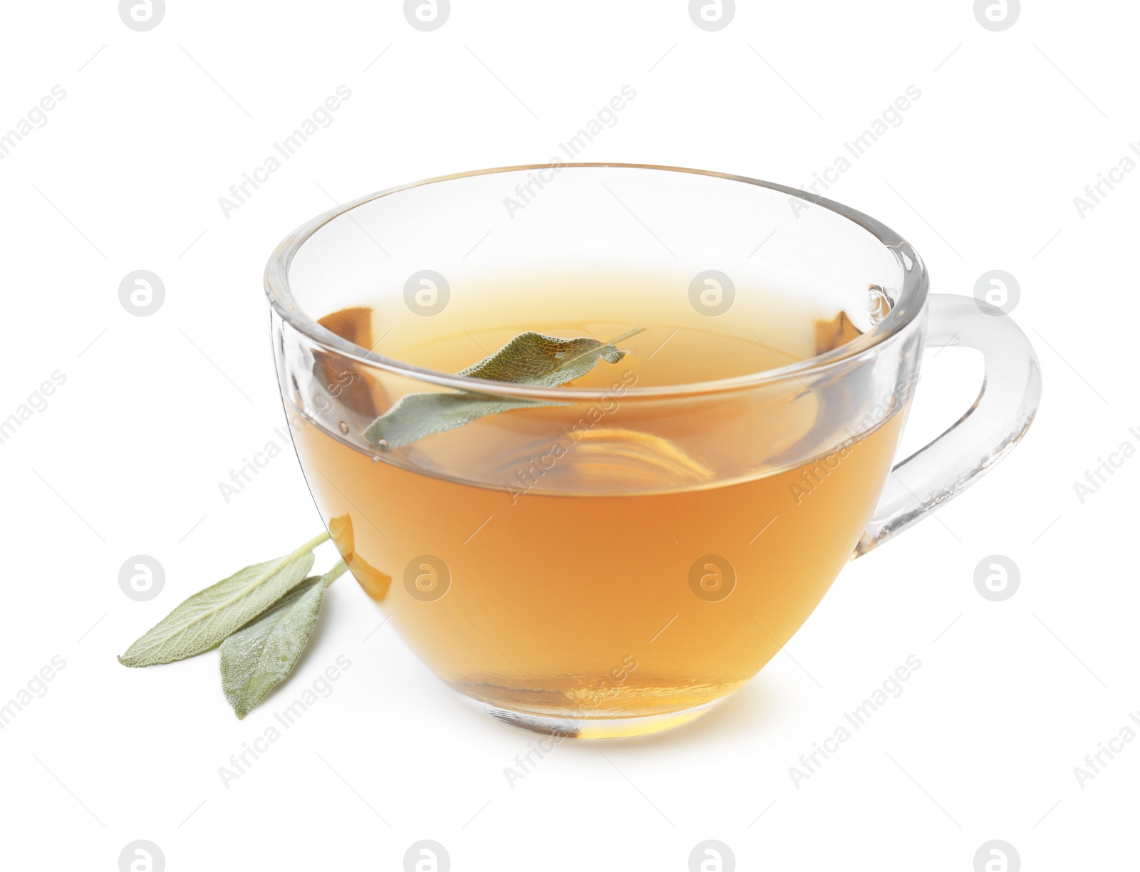 Photo of Aromatic herbal tea in cup with sage isolated on white