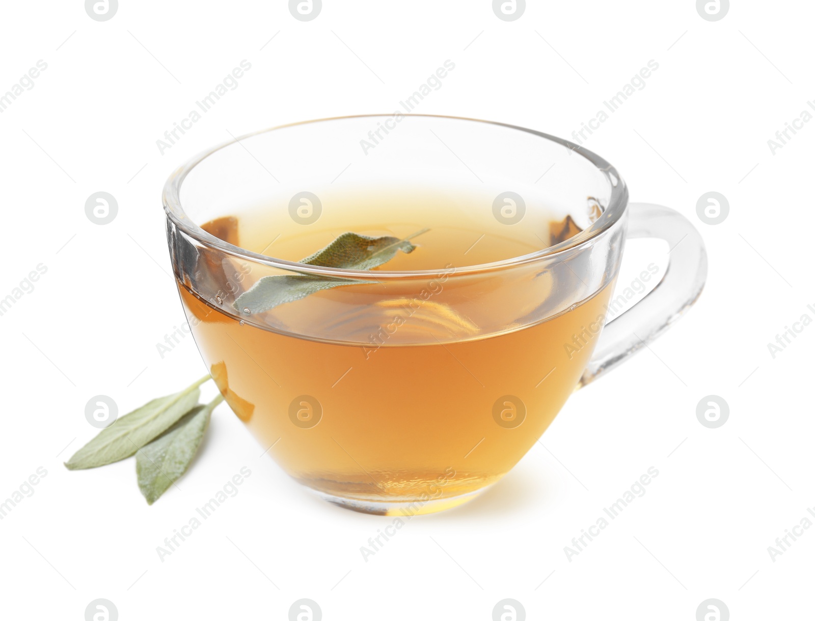 Photo of Aromatic herbal tea in cup with sage isolated on white