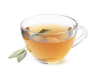 Aromatic herbal tea in cup with sage isolated on white