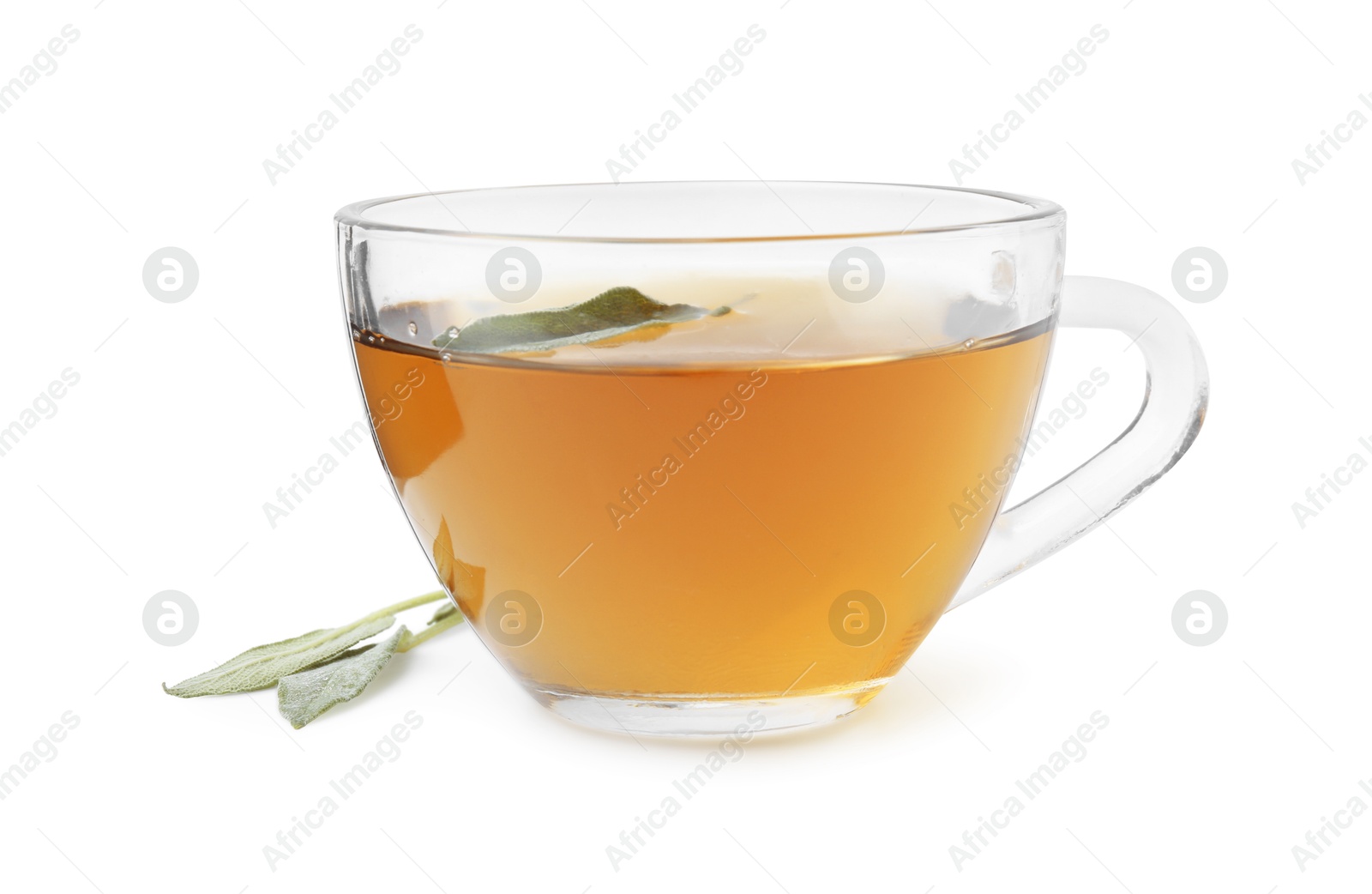 Photo of Aromatic herbal tea in cup with sage isolated on white