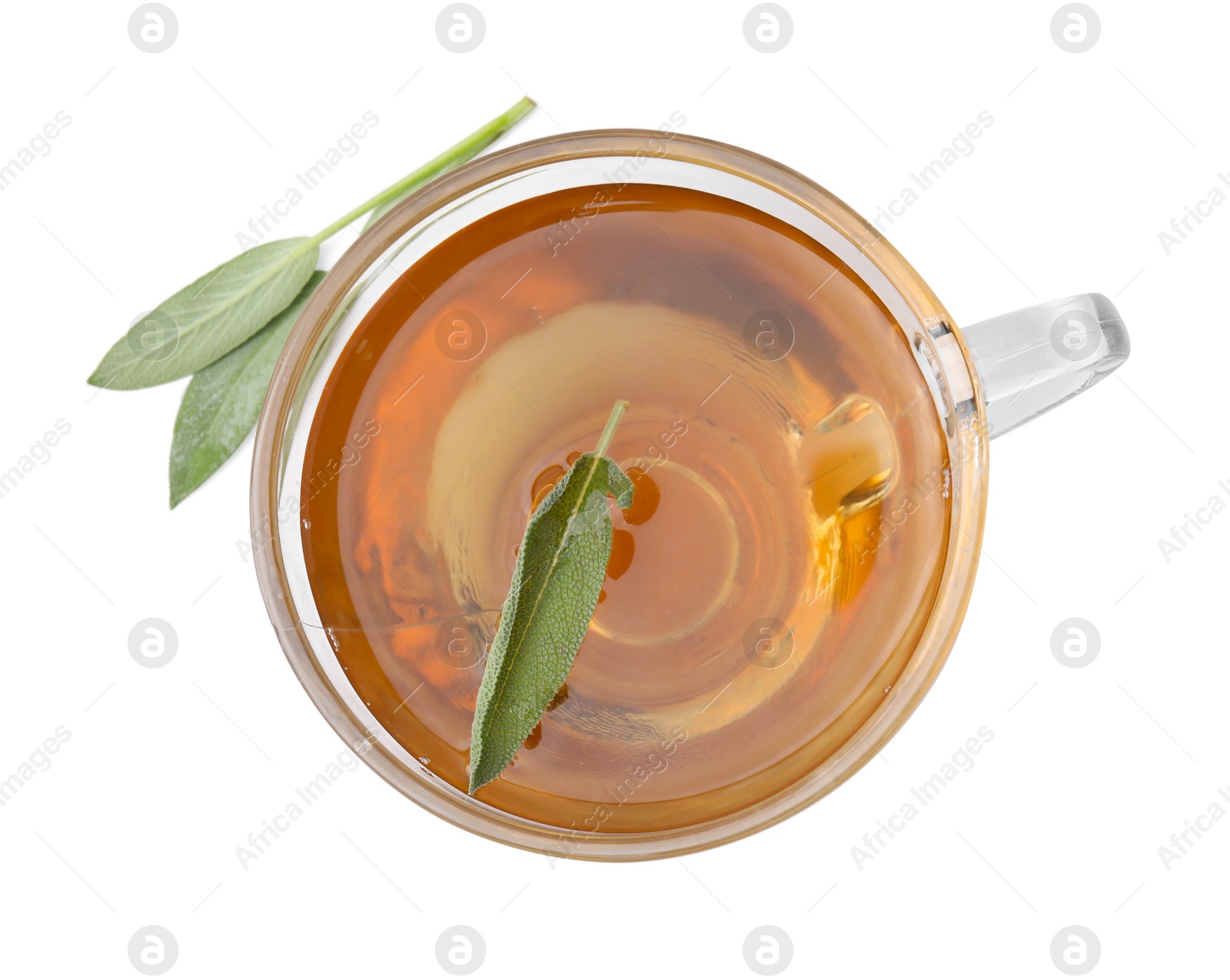 Photo of Aromatic herbal tea in cup with sage isolated on white, top view