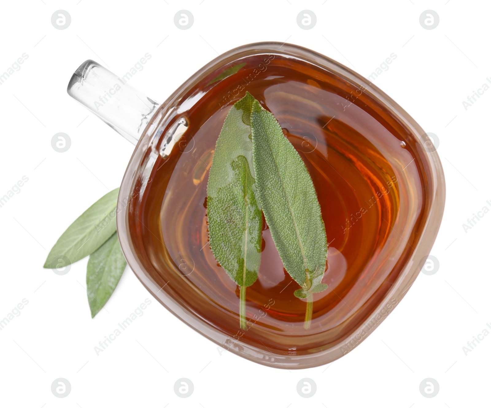 Photo of Aromatic herbal tea in cup with sage isolated on white, top view