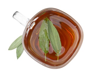 Photo of Aromatic herbal tea in cup with sage isolated on white, top view