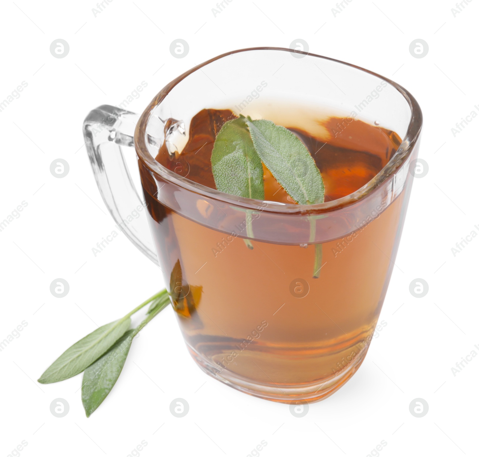 Photo of Aromatic herbal tea in cup with sage isolated on white