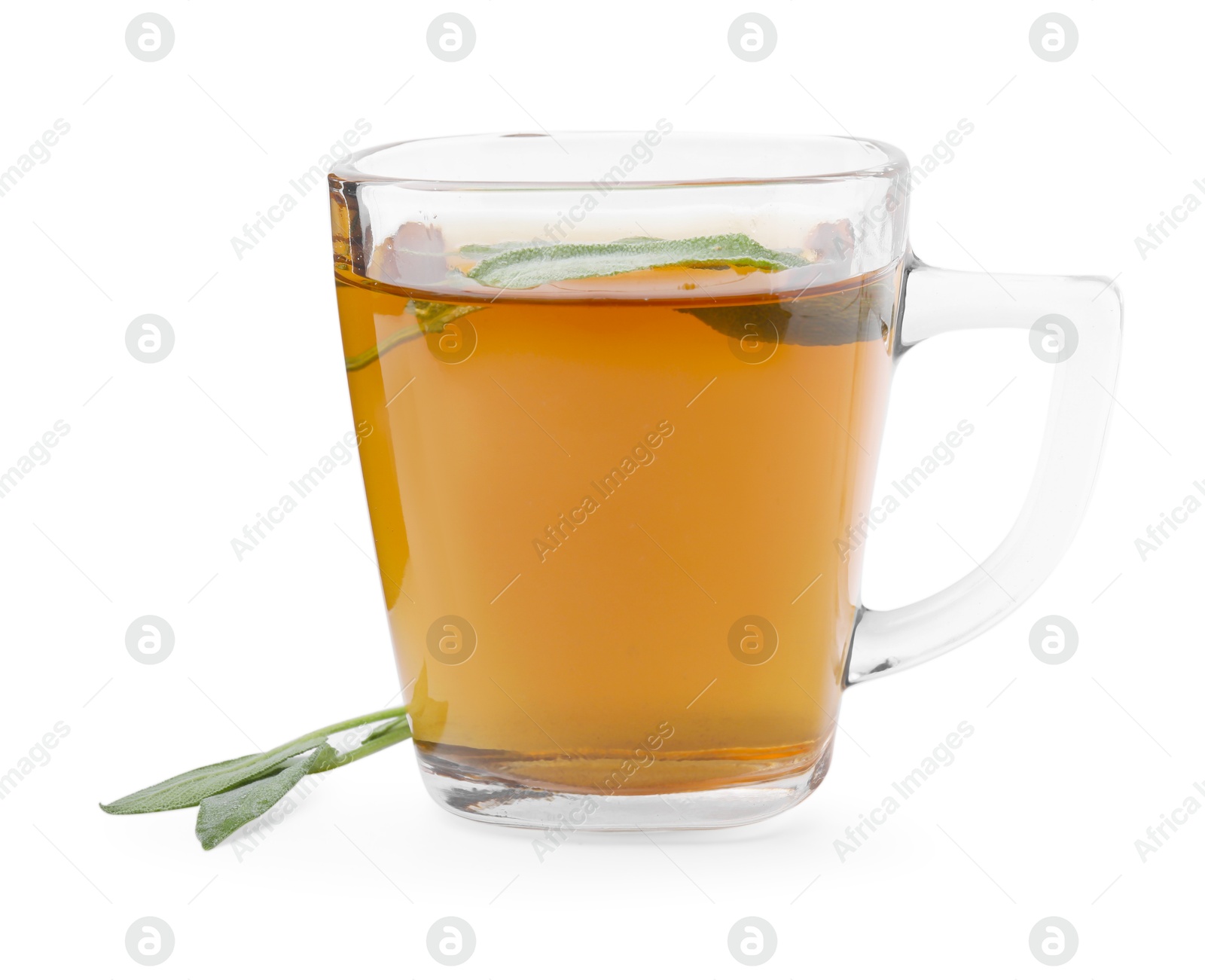 Photo of Aromatic herbal tea in cup with sage isolated on white