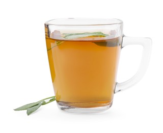 Aromatic herbal tea in cup with sage isolated on white