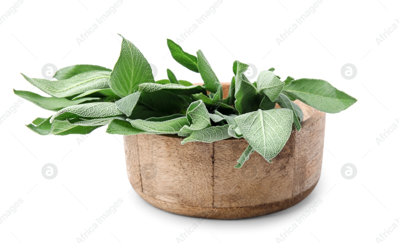 Photo of Leaves of fresh sage in wooden bowl isolated on white