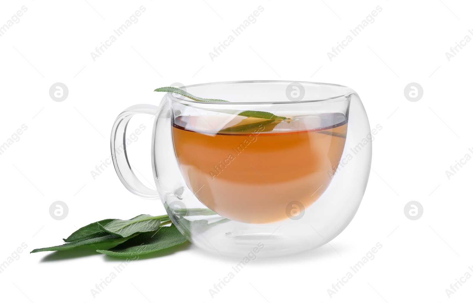 Photo of Aromatic herbal tea in cup with sage isolated on white