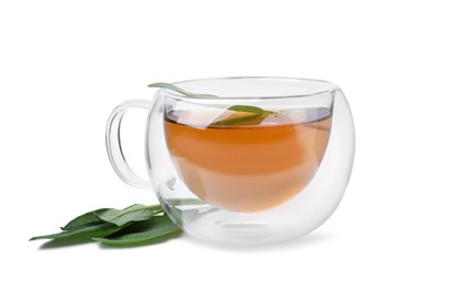 Aromatic herbal tea in cup with sage isolated on white