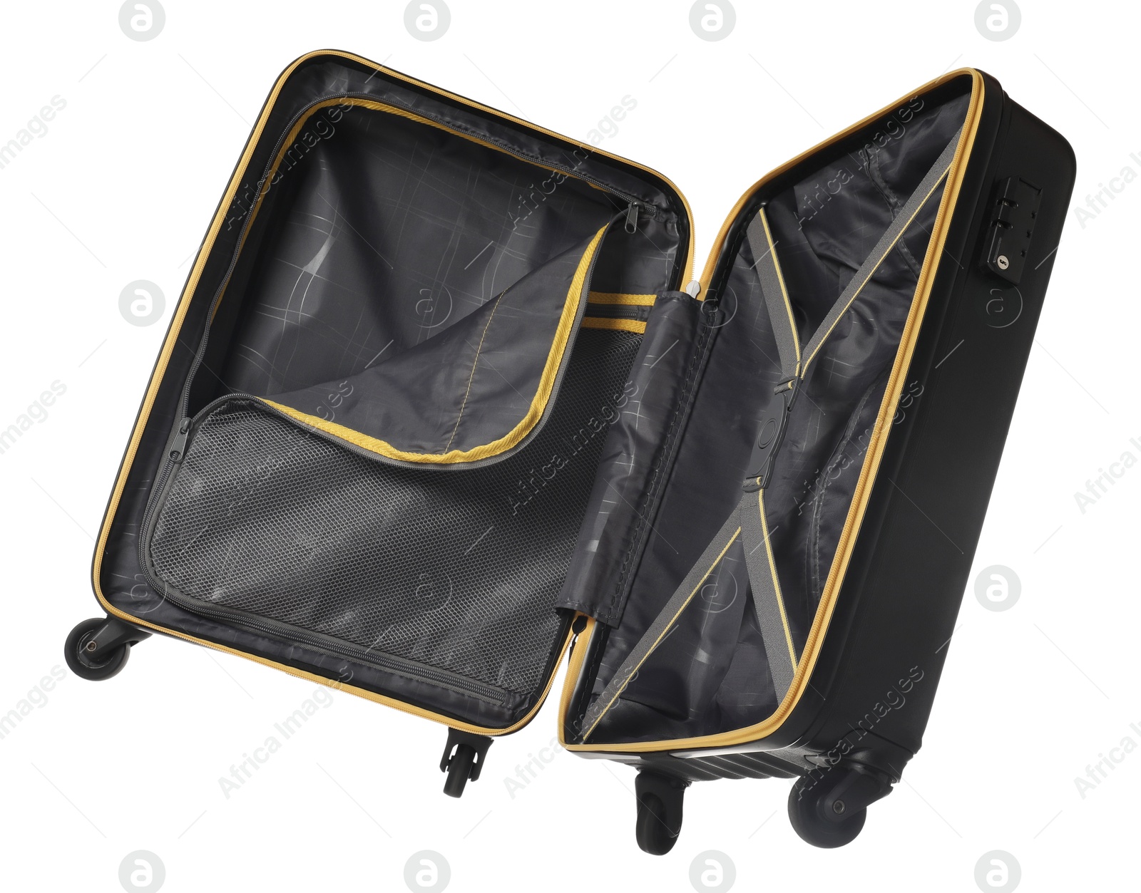 Photo of Open empty suitcase for travelling in air isolated on white