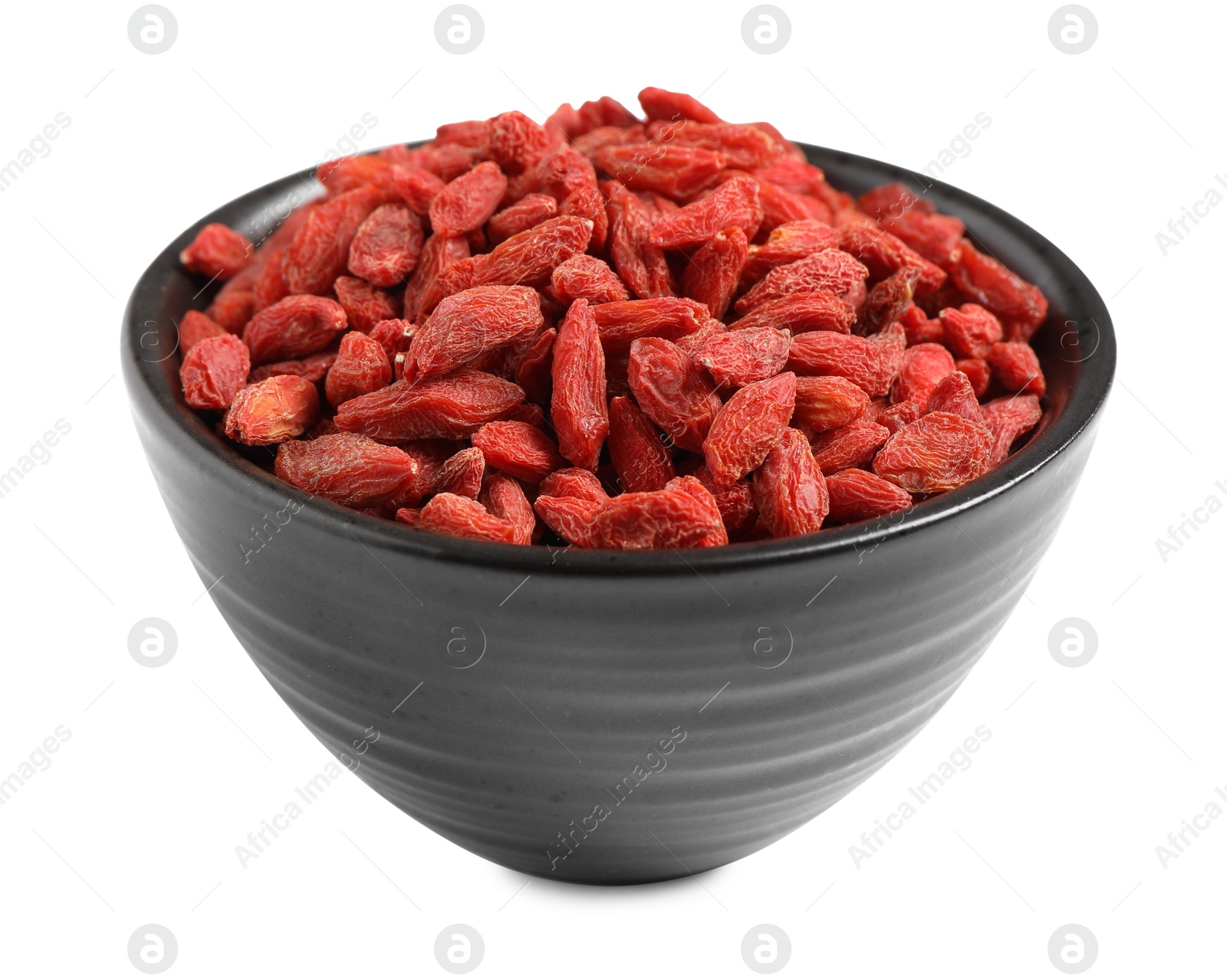 Photo of Dried goji berries in bowl isolated on white