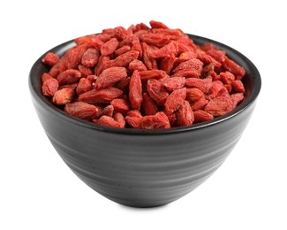 Dried goji berries in bowl isolated on white