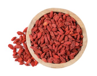 Dried goji berries in bowl isolated on white, top view