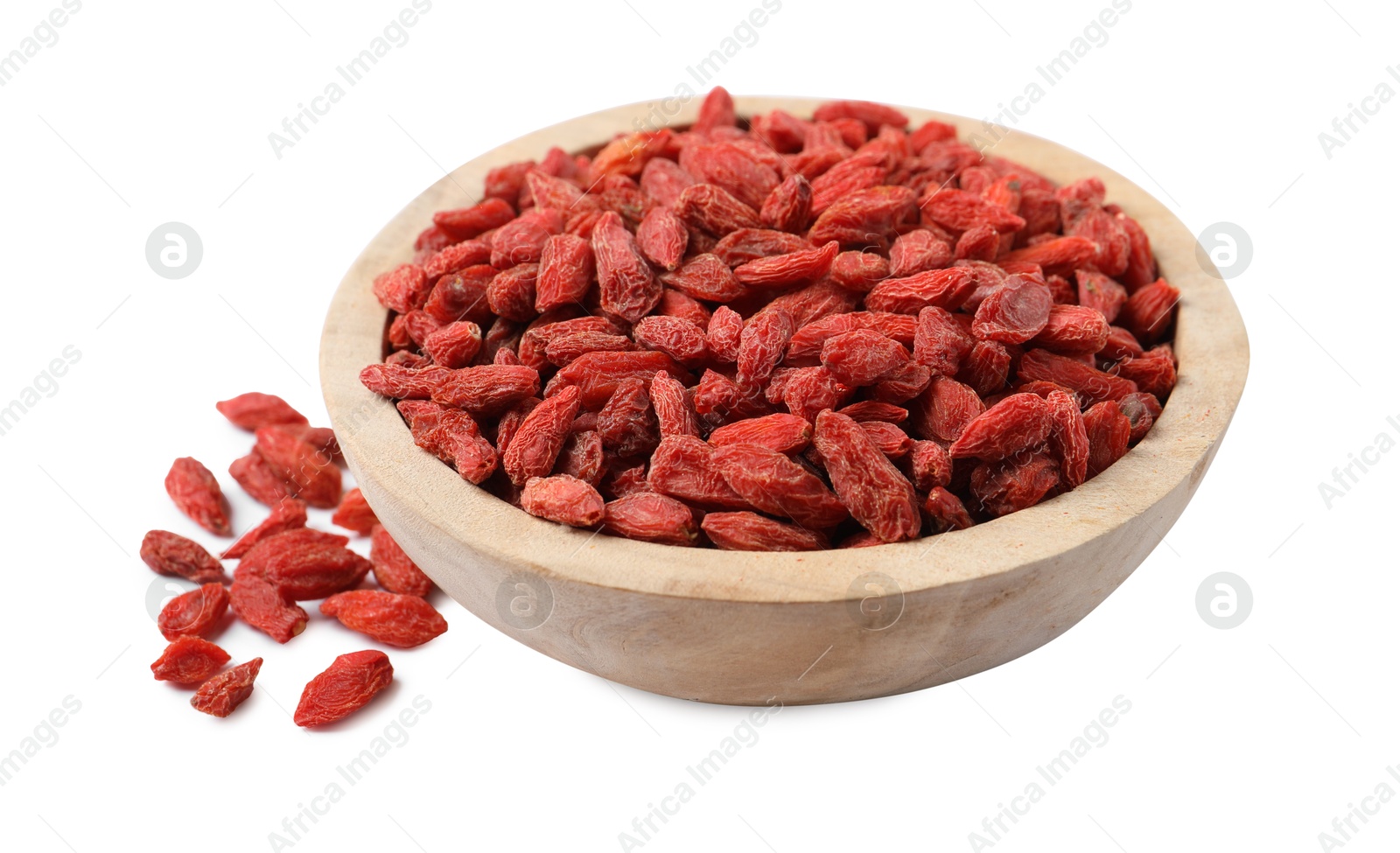 Photo of Dried goji berries in bowl isolated on white