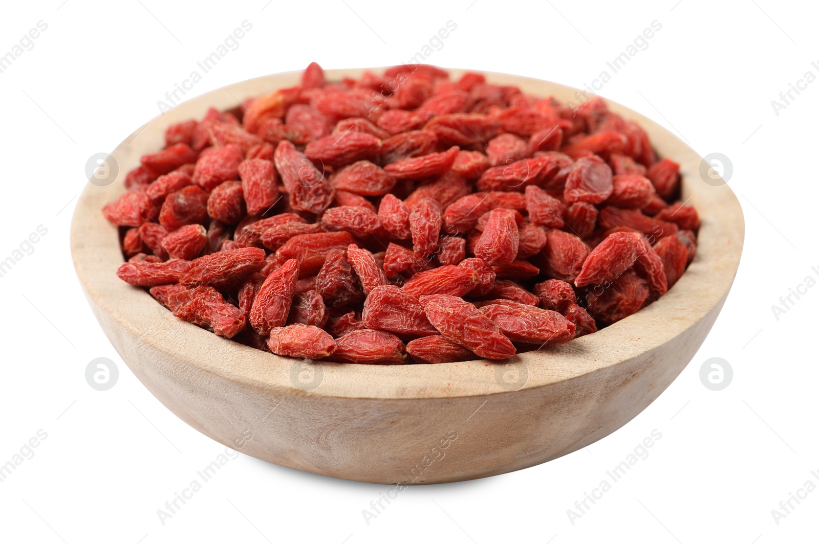 Photo of Dried goji berries in bowl isolated on white