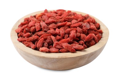 Dried goji berries in bowl isolated on white