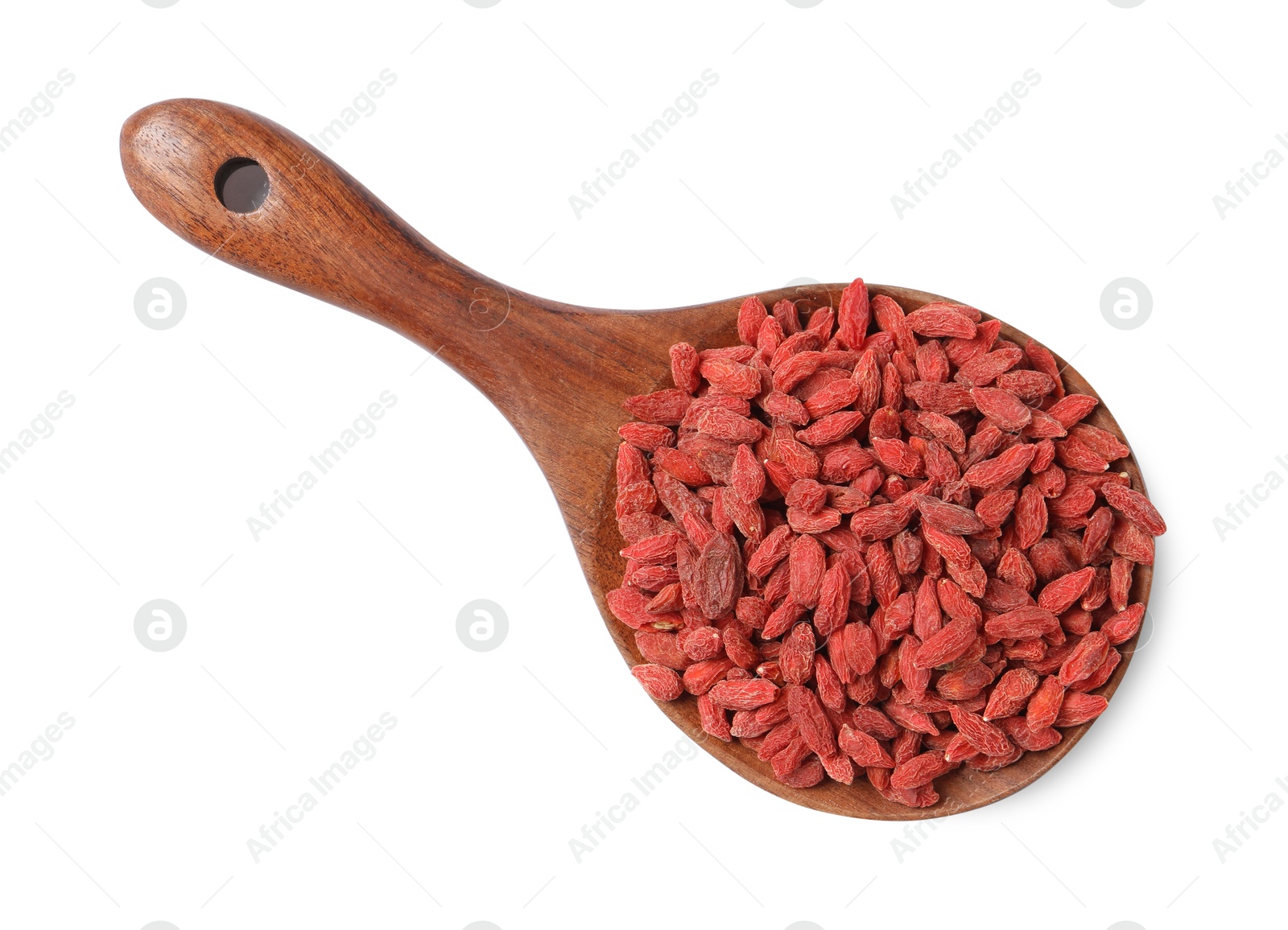 Photo of Spoon with dried goji berries isolated on white, top view