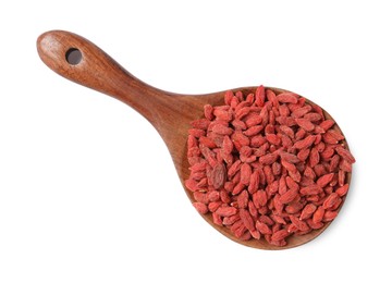 Photo of Spoon with dried goji berries isolated on white, top view