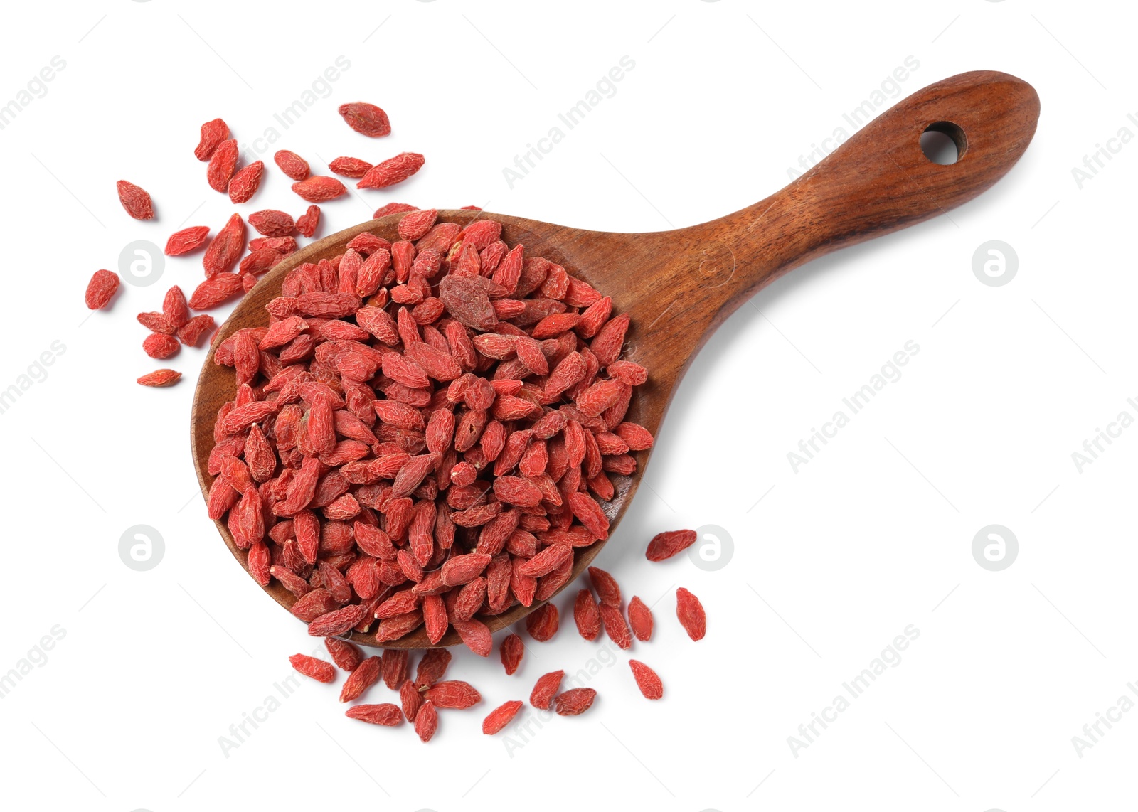 Photo of Spoon with dried goji berries isolated on white, top view