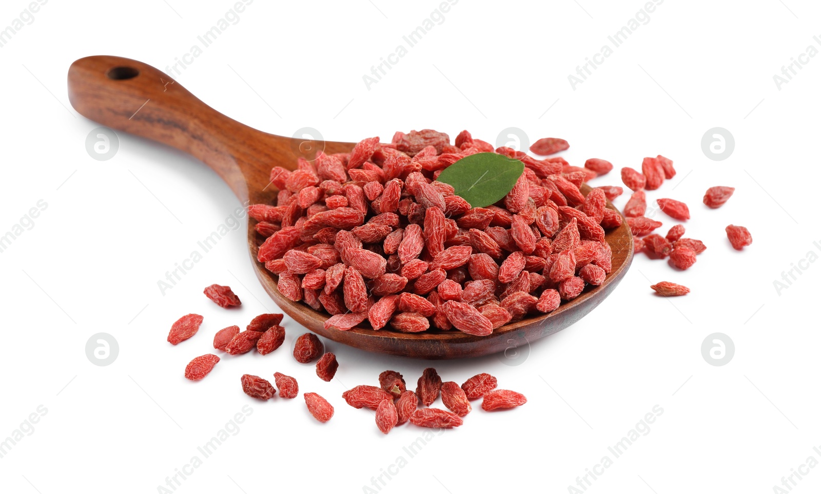 Photo of Spoon with dried goji berries isolated on white