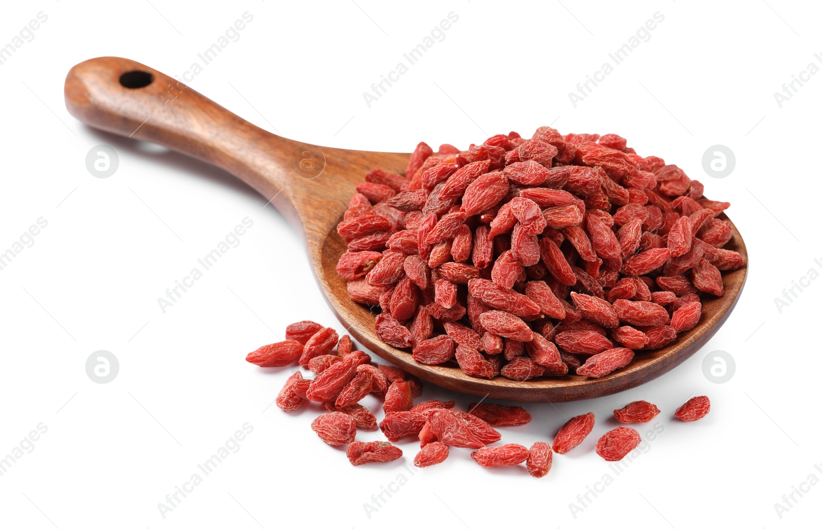 Photo of Spoon with dried goji berries isolated on white