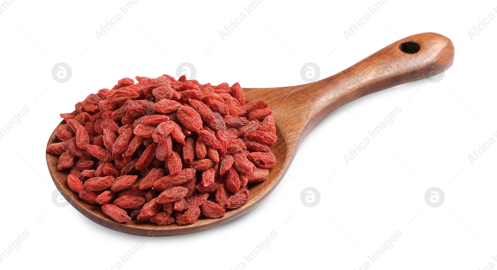 Photo of Spoon with dried goji berries isolated on white