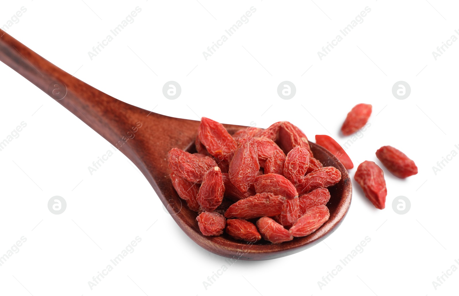 Photo of Spoon with dried goji berries isolated on white