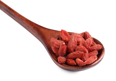 Photo of Spoon with dried goji berries isolated on white